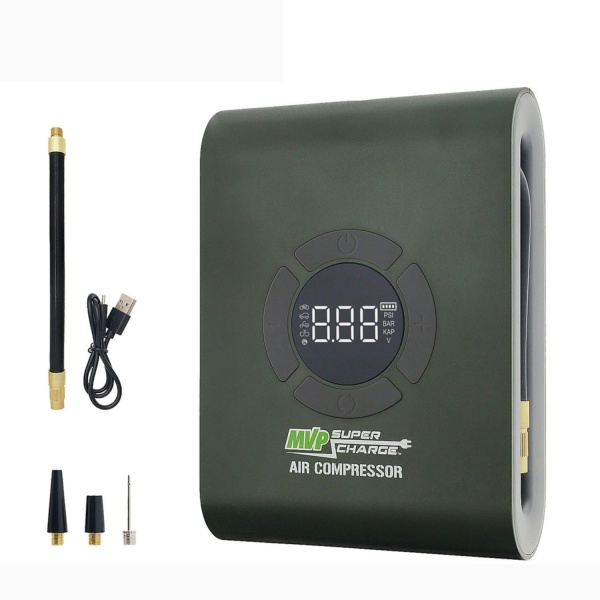 MVPSupercharge Tire Inflator Air Compressor - Rechargeable Li-ion 10000 mAh Battery Air Pump with Adapters for Cars Bikes Balls and USB Charger for Smartphones and more