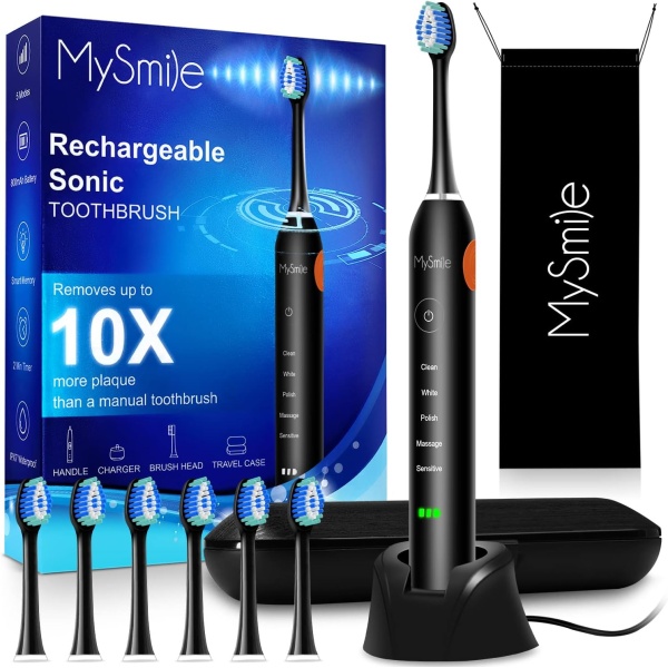 MySmile Electric Toothbrush for Adults, Rechargeable Sonic Electronic Toothbrush with 6 Brush Heads and Travel Case, 2 Mins 5 Modes Smart Timer, 48000VPM...