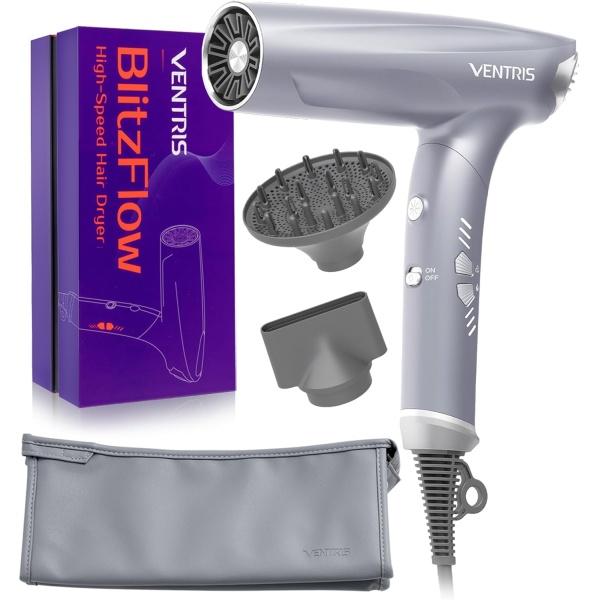 VENTRIS Blitzflow Ionic Hair Dryer Magnetic Diffuser, High Speed Styling Blow Dryer, Lightweight & Foldable Travel Hair Dryer, Positive Negative Ion blowdryer, Ethereal Gray