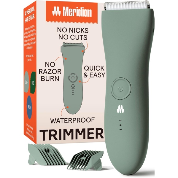 MERIDIAN Body Hair Trimmer for Men, Pubic Hair Trimmer Balls, Body Shaver for Men Groin Safe, Electric Ball Shavers, Bikini Razors Women, Waterproof & Rechargeable - Sage